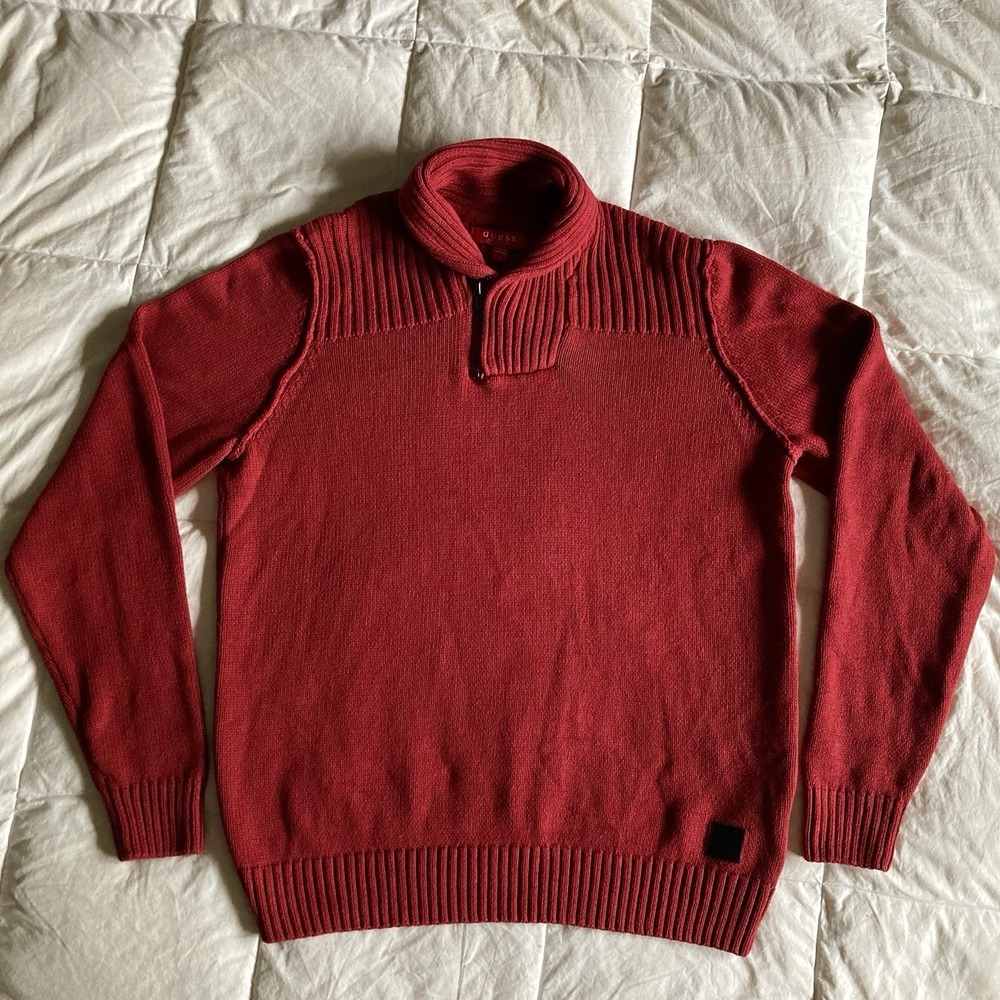 GUESS Cleo Zip Shawl Collar Pullover Sweater Mens Lg Cranberry Red Cotton Blend - Picture 2 of 14